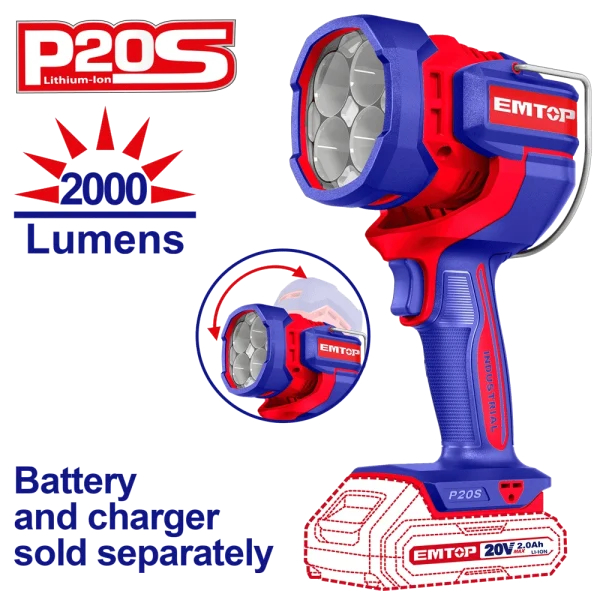 TORCHE LED 20V 2000 LUMENS EMTOP ELWLI2088